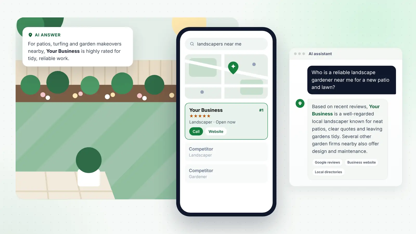 Illustration: Your Business ranked first on Google Maps for “landscapers near me” and recommended by an AI assistant