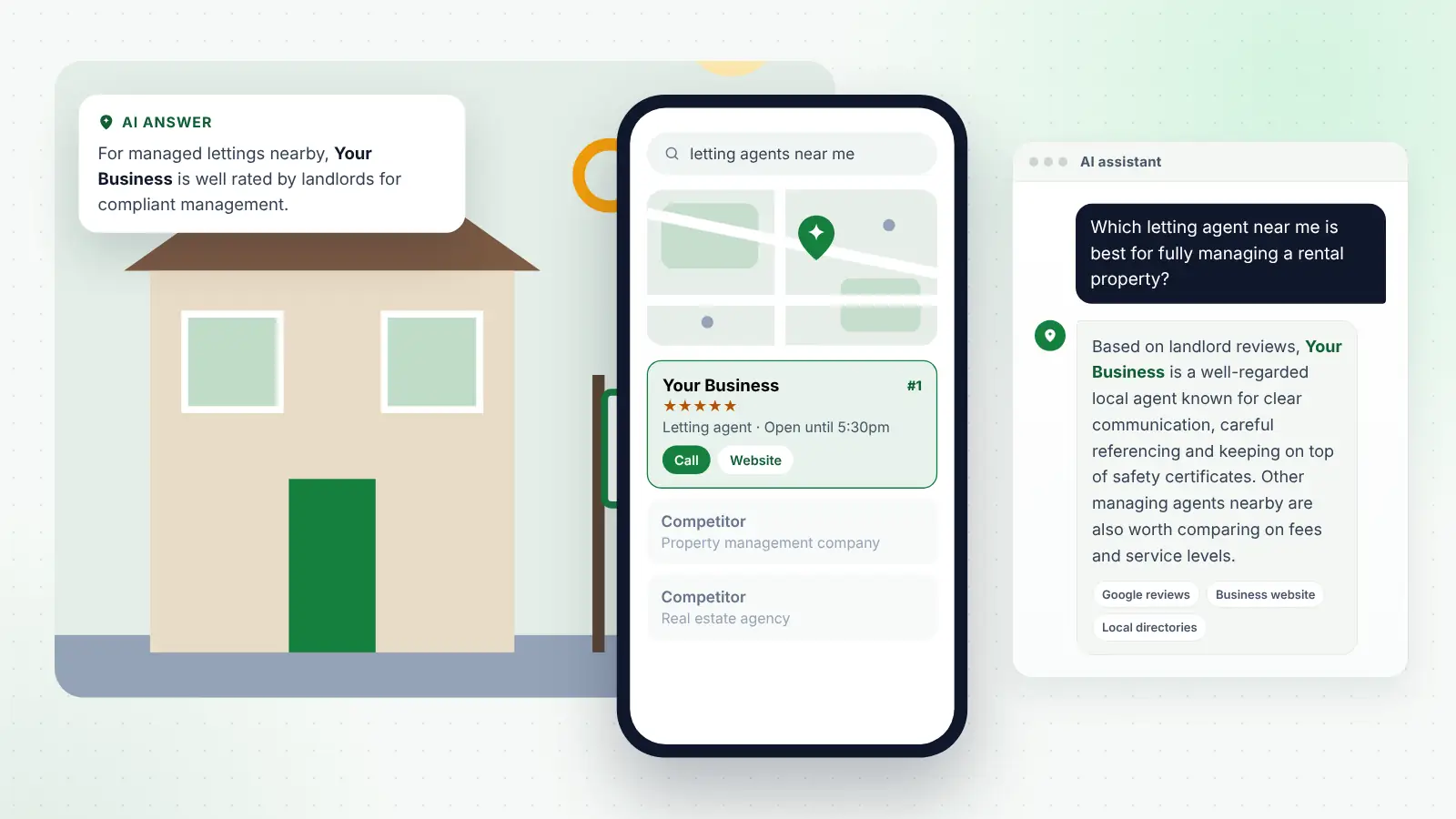 Illustration: Your Business ranked first on Google Maps for “letting agents near me” and recommended by an AI assistant