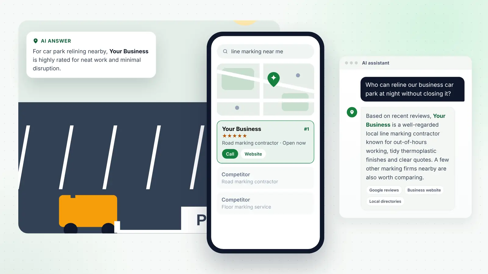 Illustration: Your Business ranked first on Google Maps for “line marking near me” and recommended by an AI assistant