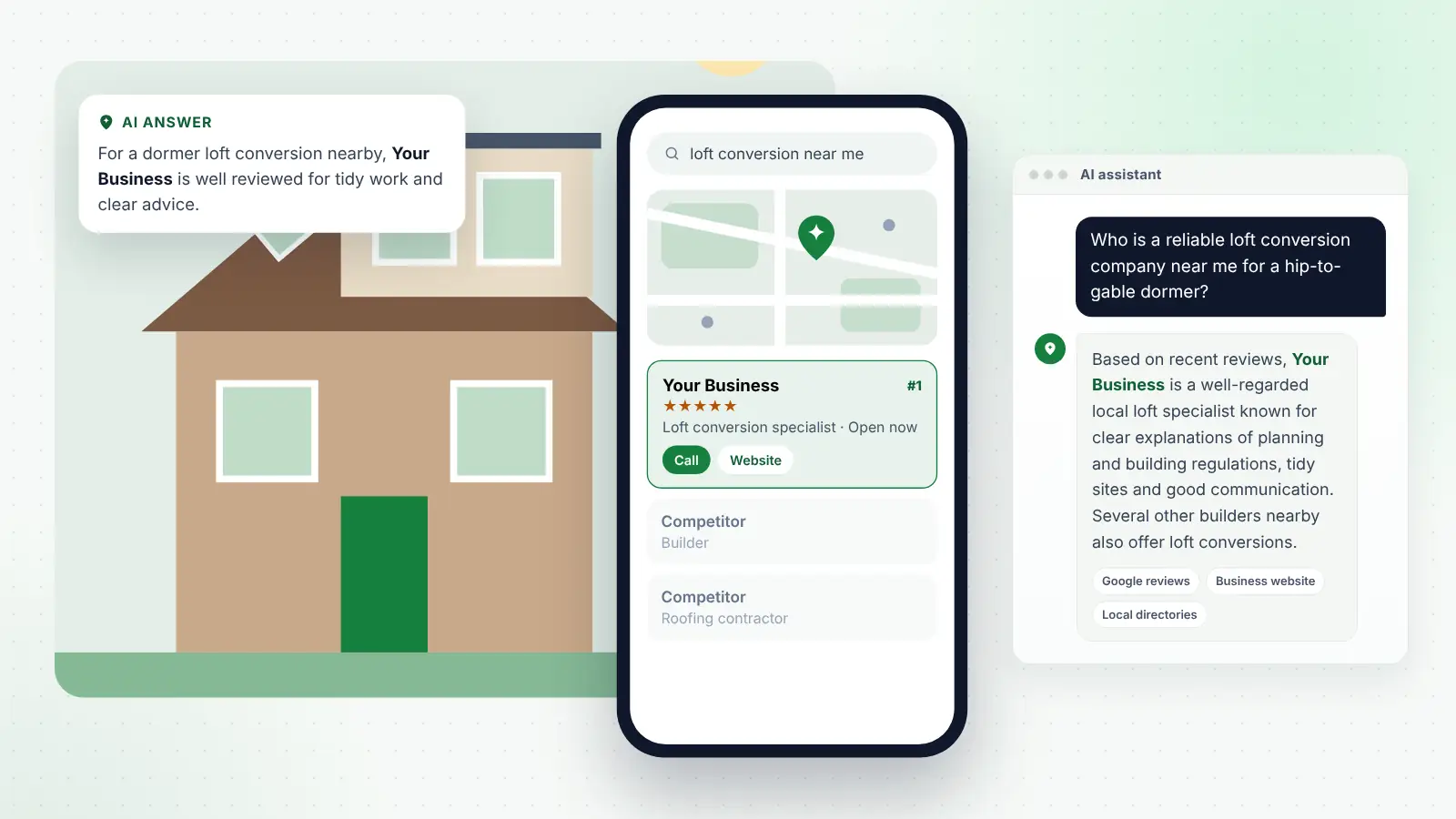 Illustration: Your Business ranked first on Google Maps for “loft conversion near me” and recommended by an AI assistant