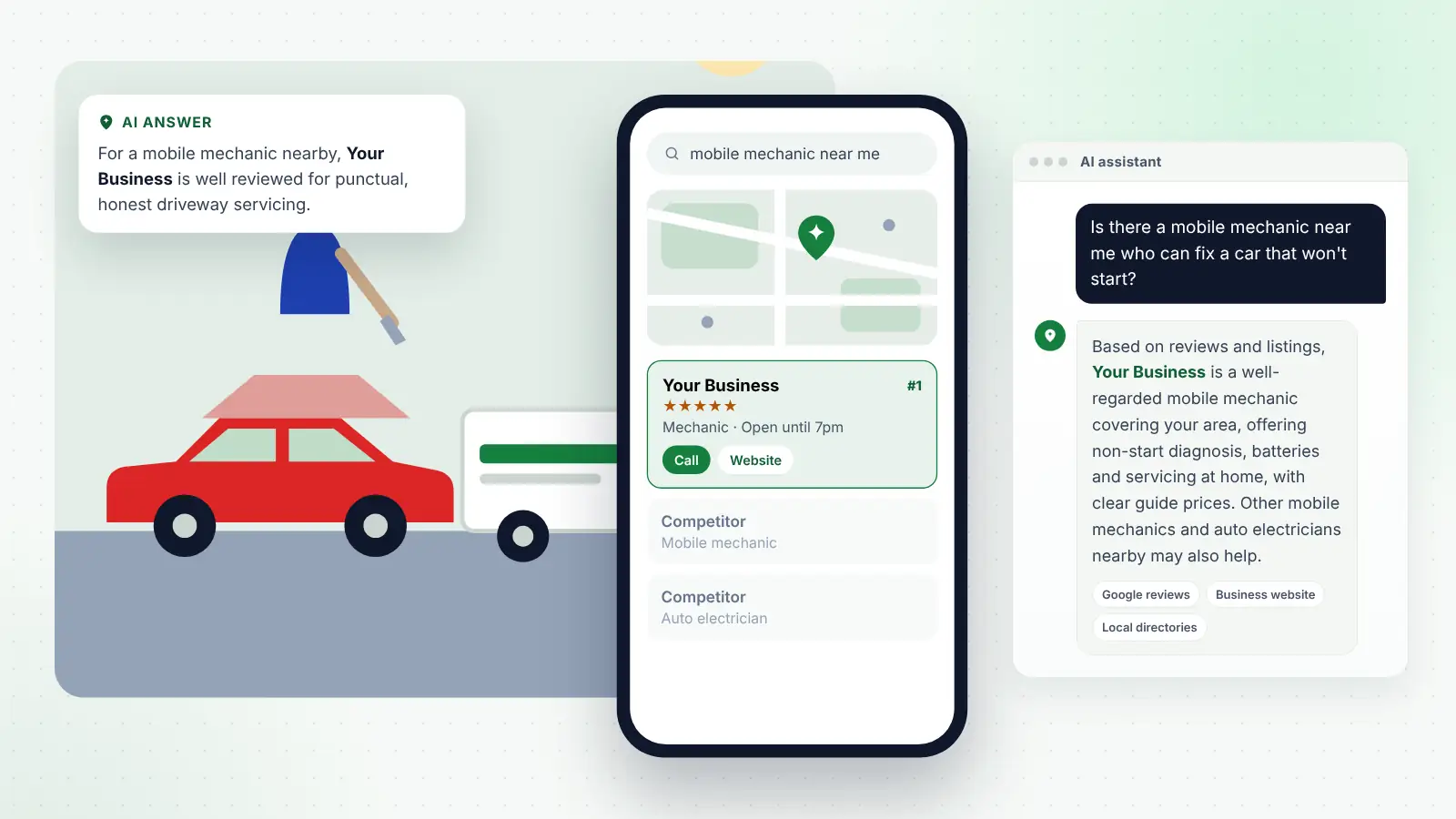 Illustration: Your Business ranked first on Google Maps for “mobile mechanic near me” and recommended by an AI assistant
