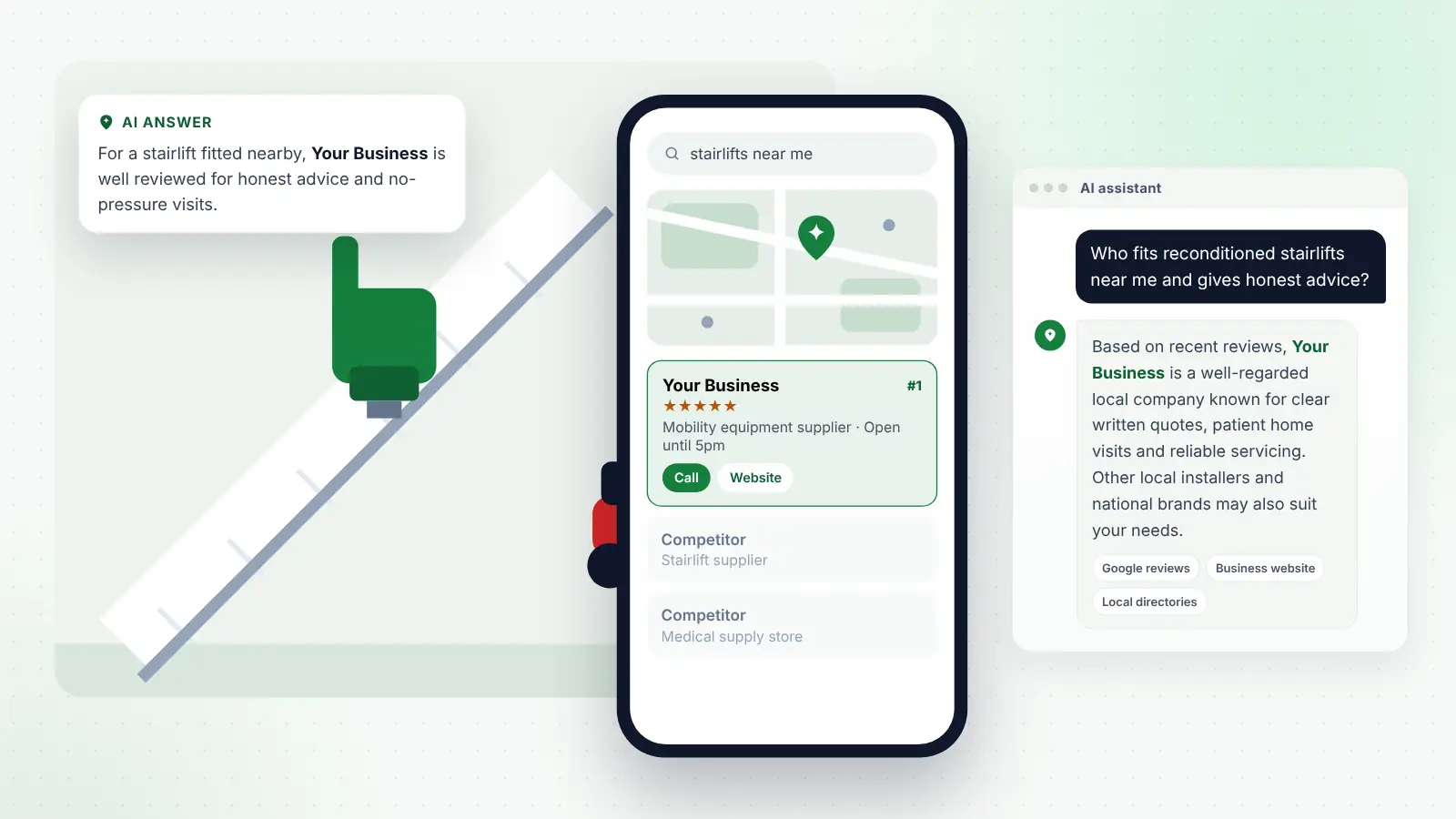 Illustration: Your Business ranked first on Google Maps for “stairlifts near me” and recommended by an AI assistant