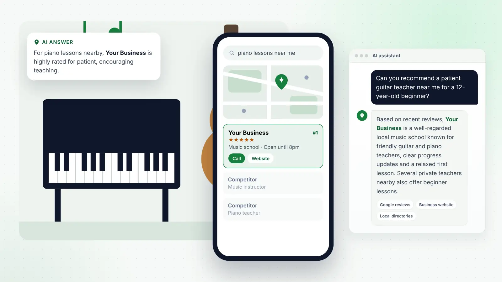 Illustration: Your Business ranked first on Google Maps for “piano lessons near me” and recommended by an AI assistant