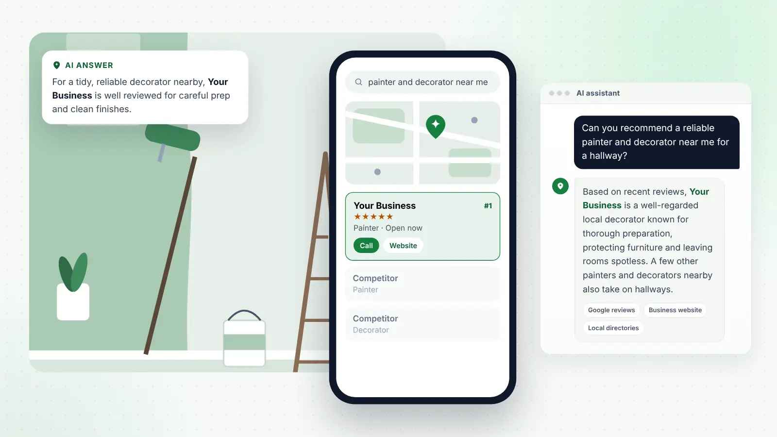 Illustration: Your Business ranked first on Google Maps for “painter and decorator near me” and recommended by an AI assistant