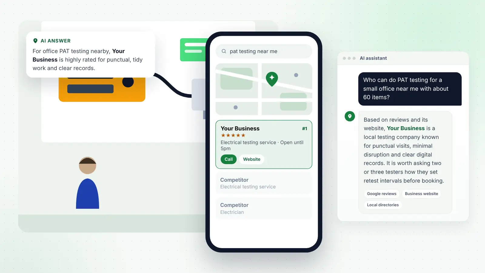 Illustration: Your Business ranked first on Google Maps for “pat testing near me” and recommended by an AI assistant