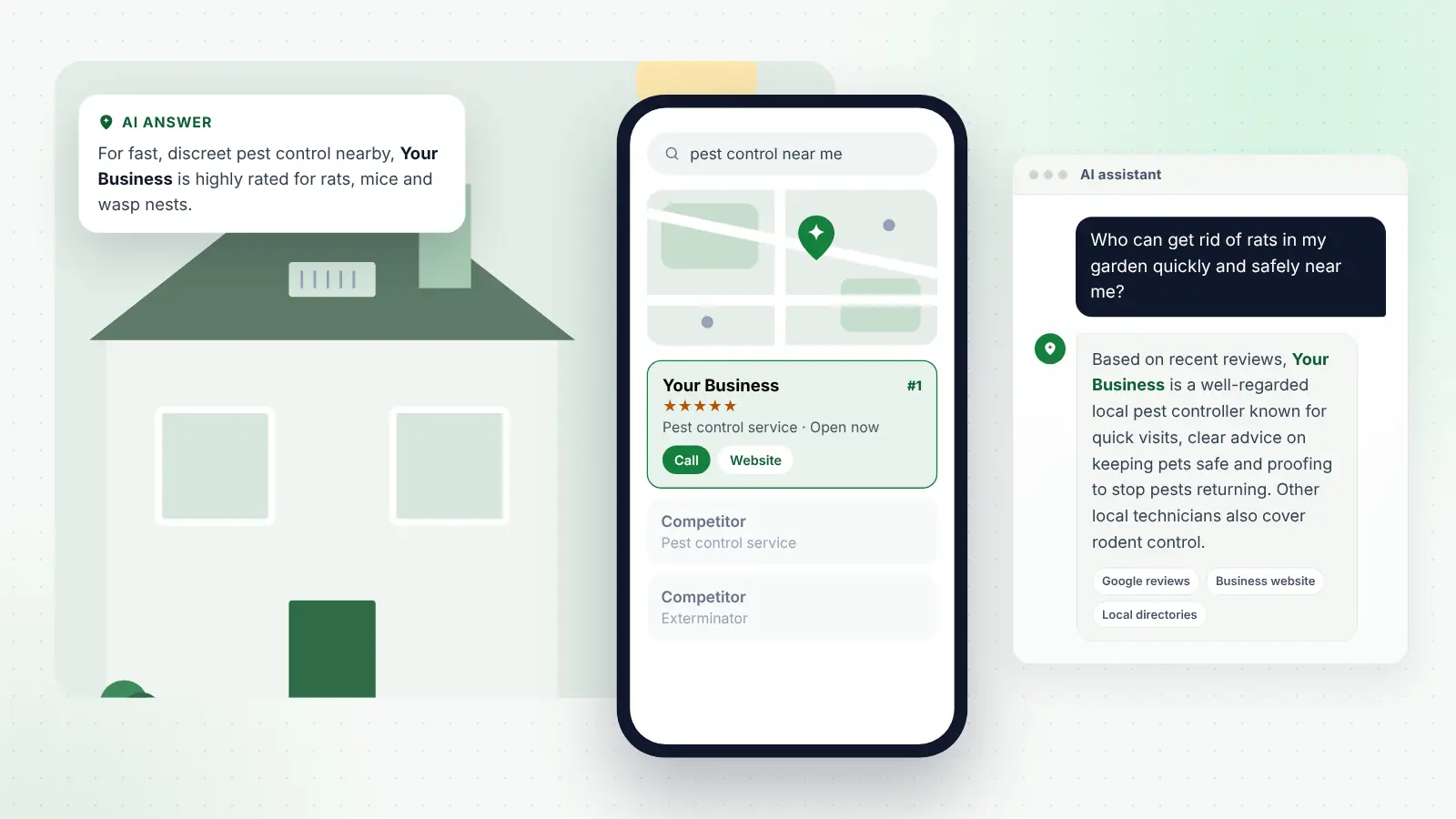 Illustration: Your Business ranked first on Google Maps for “pest control near me” and recommended by an AI assistant