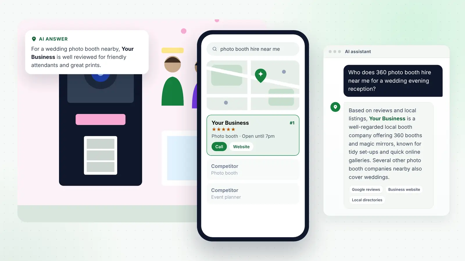 Illustration: Your Business ranked first on Google Maps for “photo booth hire near me” and recommended by an AI assistant