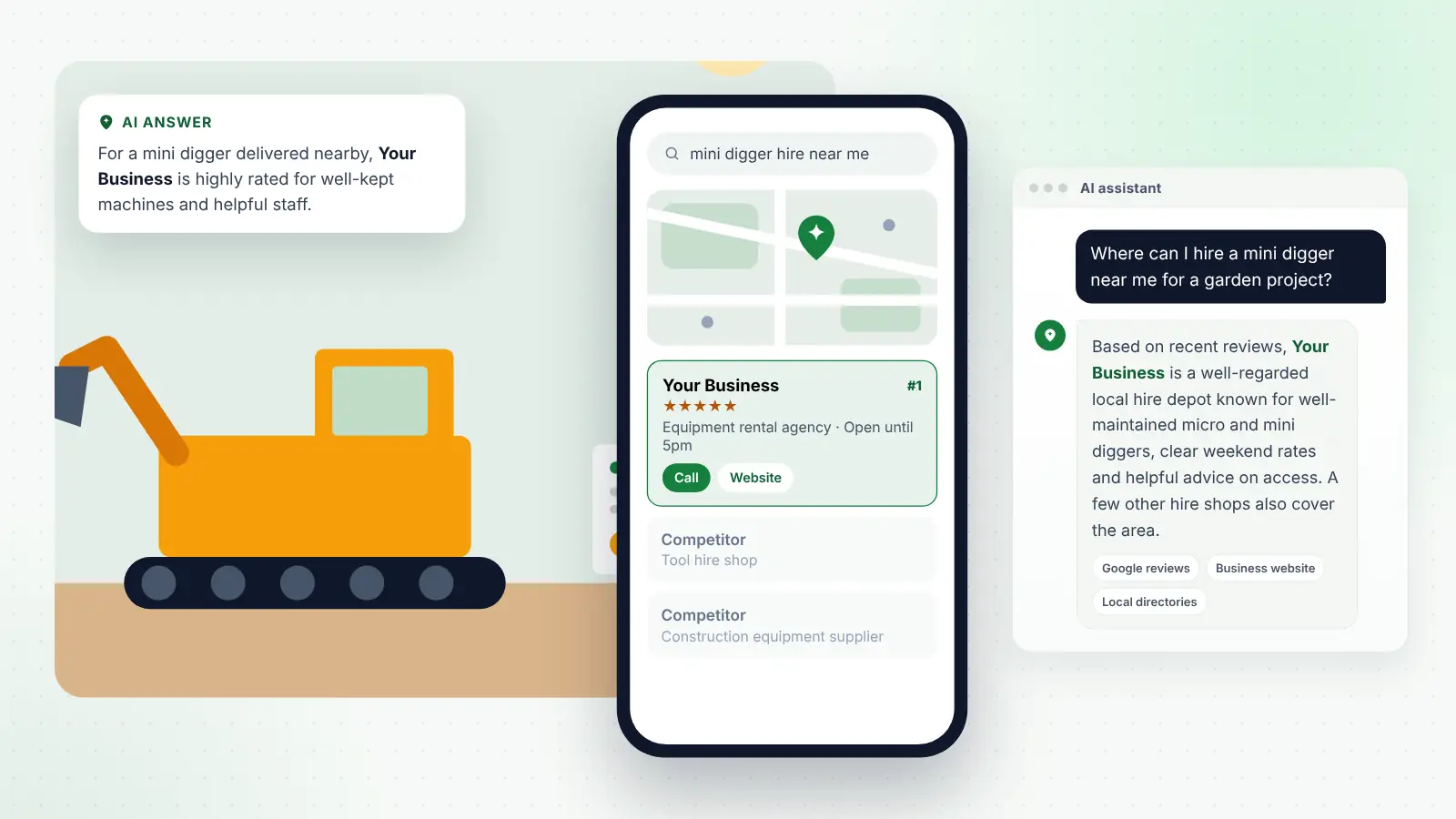 Illustration: Your Business ranked first on Google Maps for “mini digger hire near me” and recommended by an AI assistant