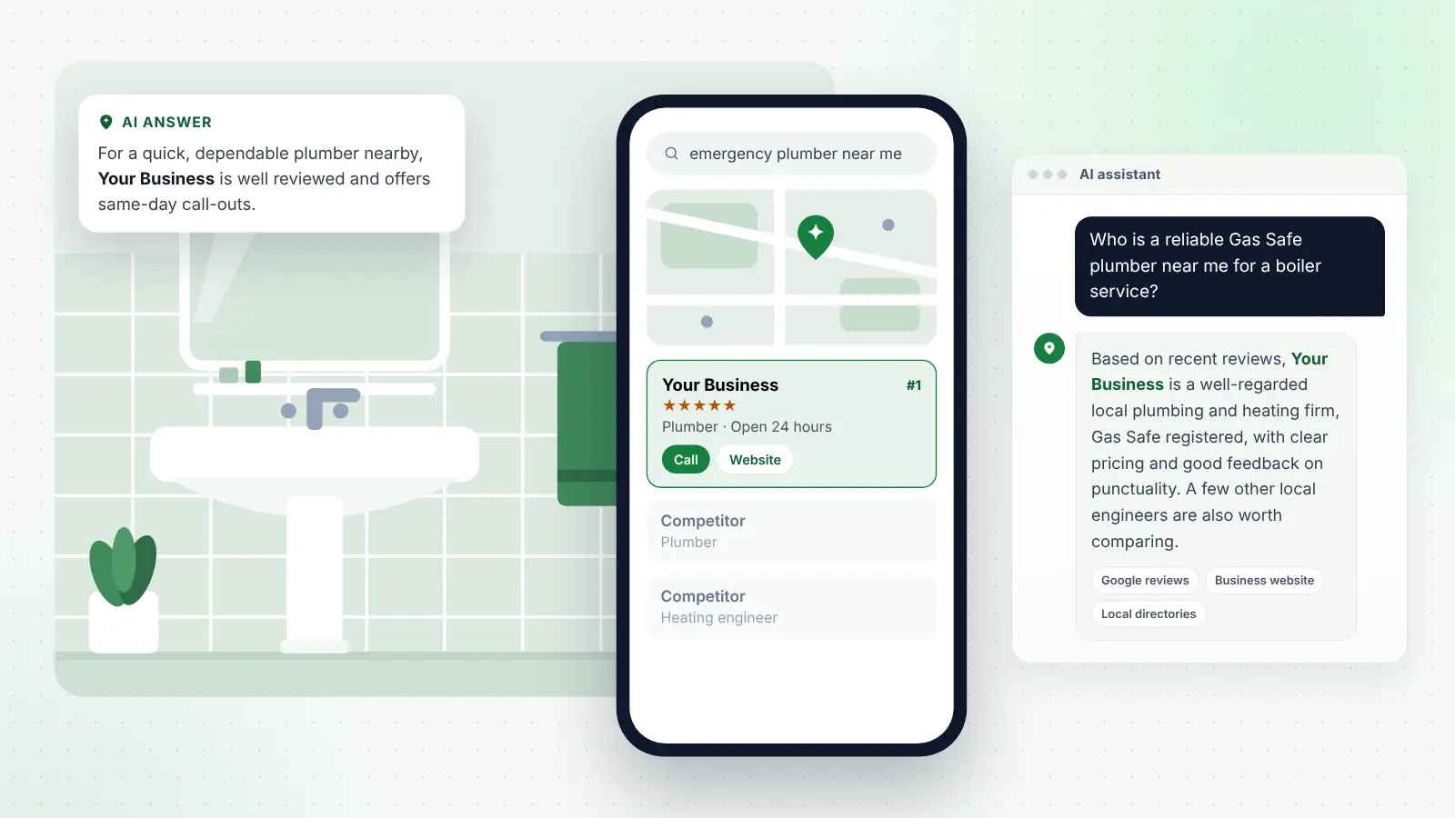 Illustration: Your Business ranked first on Google Maps for “emergency plumber near me” and recommended by an AI assistant