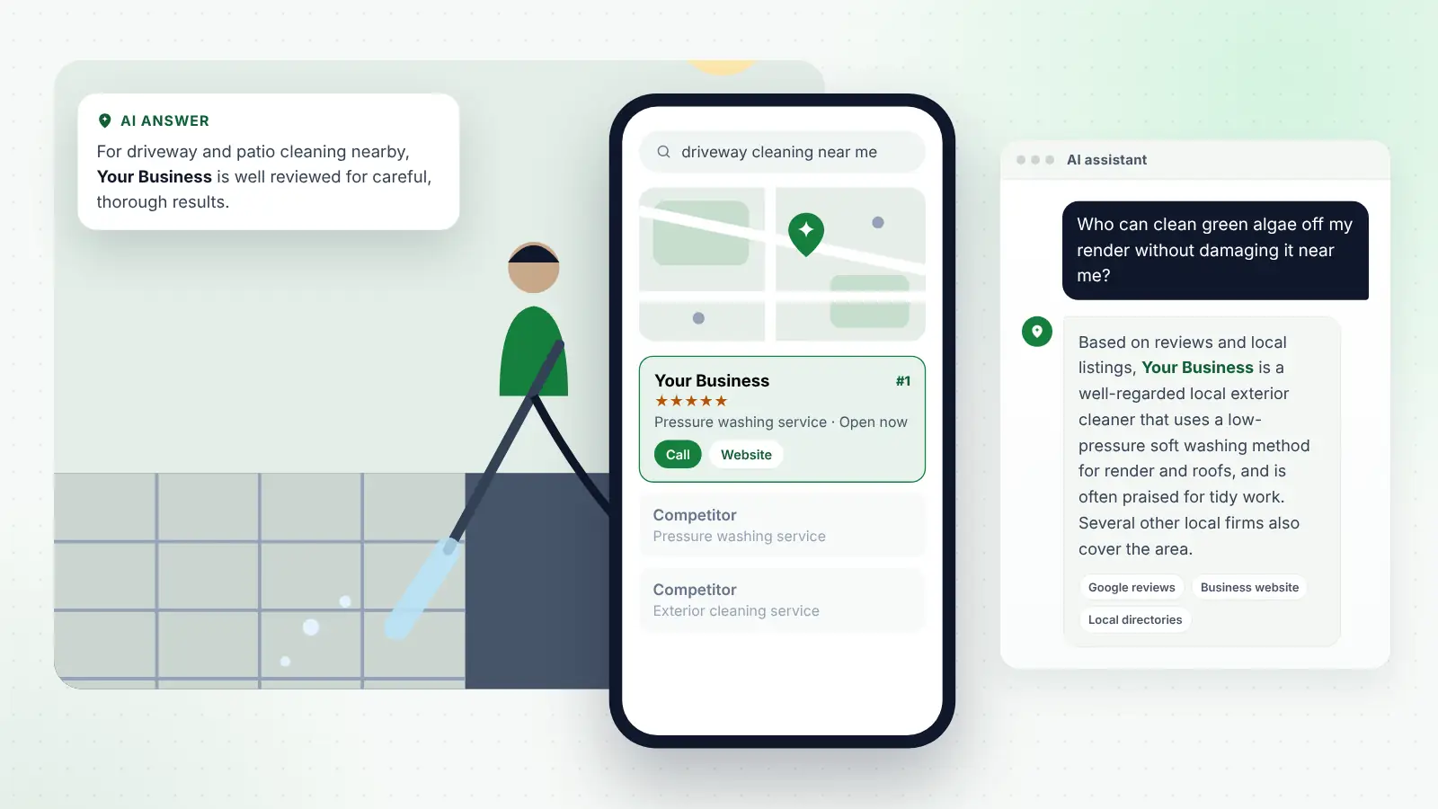 Illustration: Your Business ranked first on Google Maps for “driveway cleaning near me” and recommended by an AI assistant