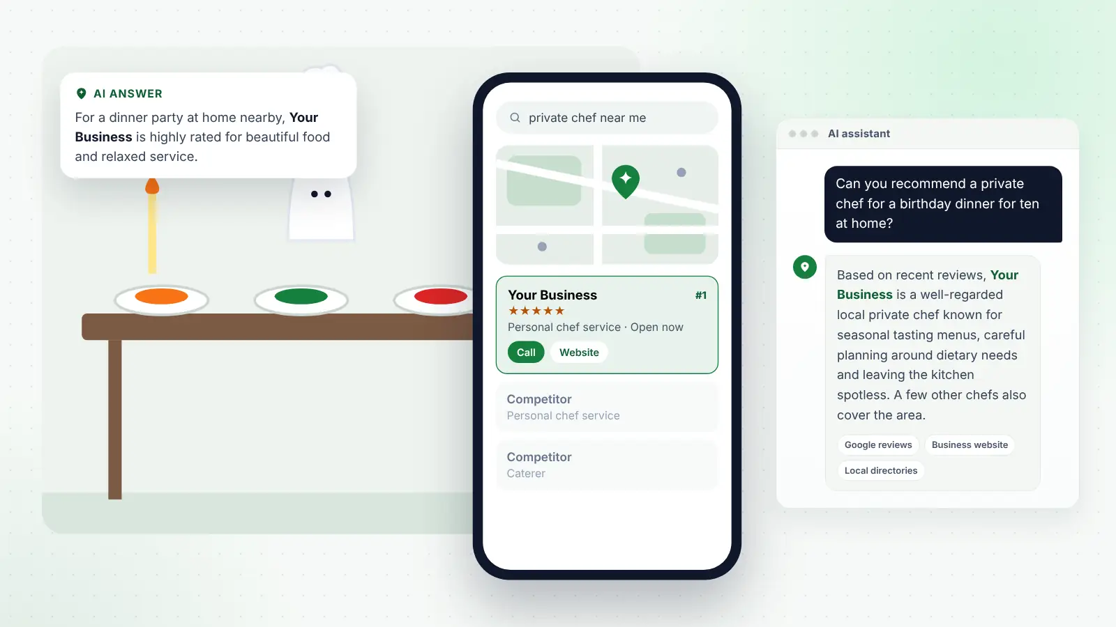 Illustration: Your Business ranked first on Google Maps for “private chef near me” and recommended by an AI assistant