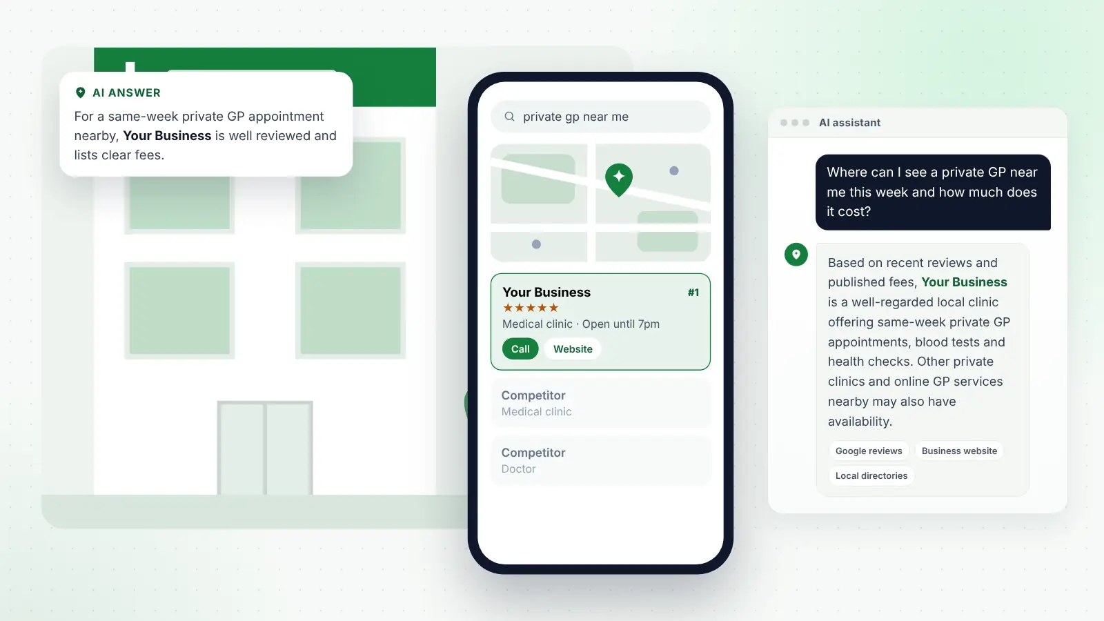 Illustration: Your Business ranked first on Google Maps for “private gp near me” and recommended by an AI assistant