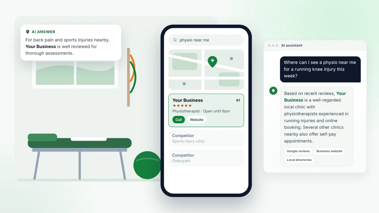 Illustration: Your Business ranked first on Google Maps for “physio near me” and recommended by an AI assistant