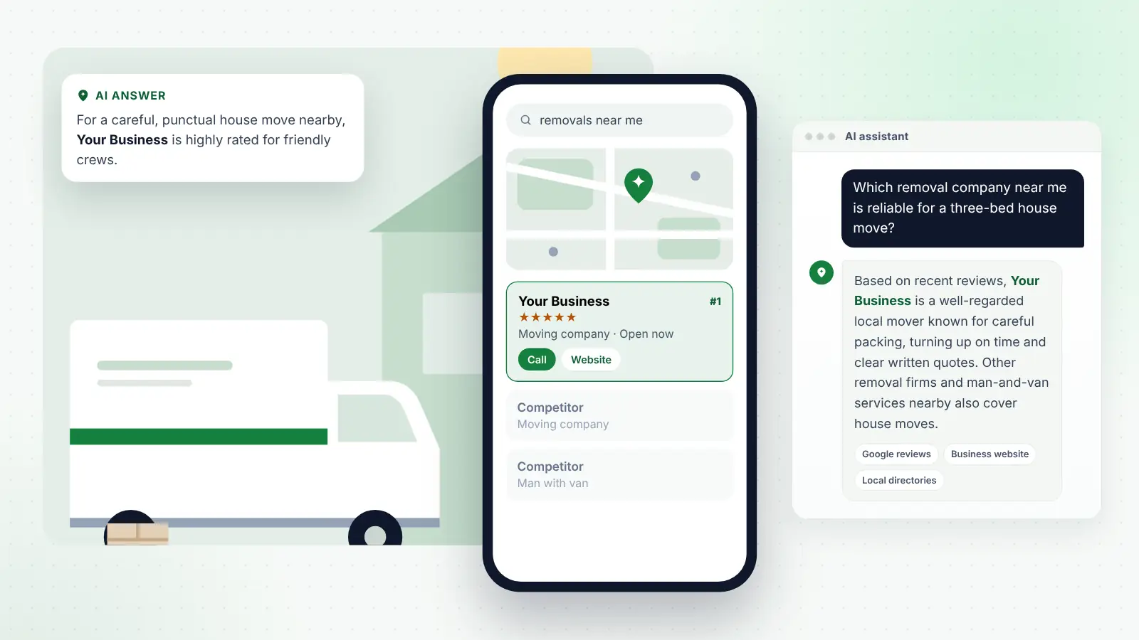 Illustration: Your Business ranked first on Google Maps for “removals near me” and recommended by an AI assistant