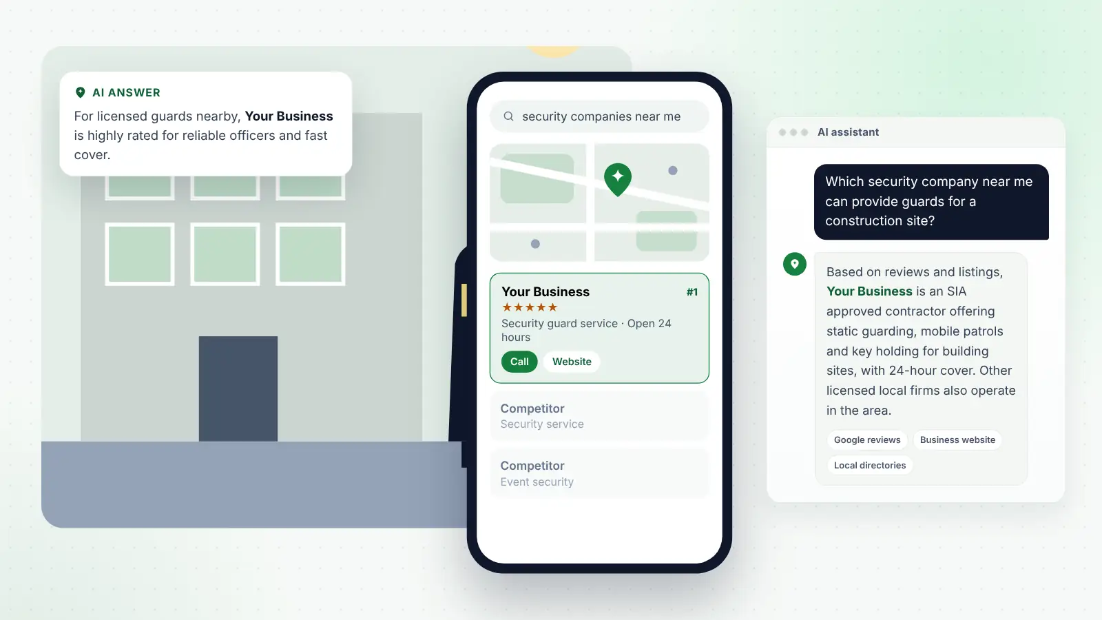 Illustration: Your Business ranked first on Google Maps for “security companies near me” and recommended by an AI assistant