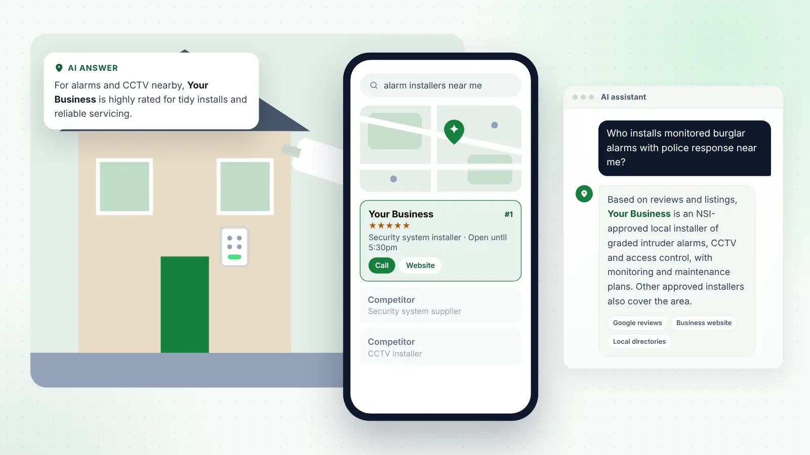 Illustration: Your Business ranked first on Google Maps for “alarm installers near me” and recommended by an AI assistant