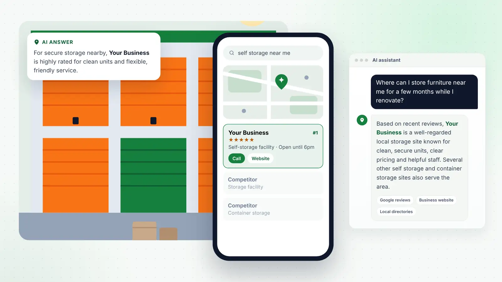 Illustration: Your Business ranked first on Google Maps for “self storage near me” and recommended by an AI assistant