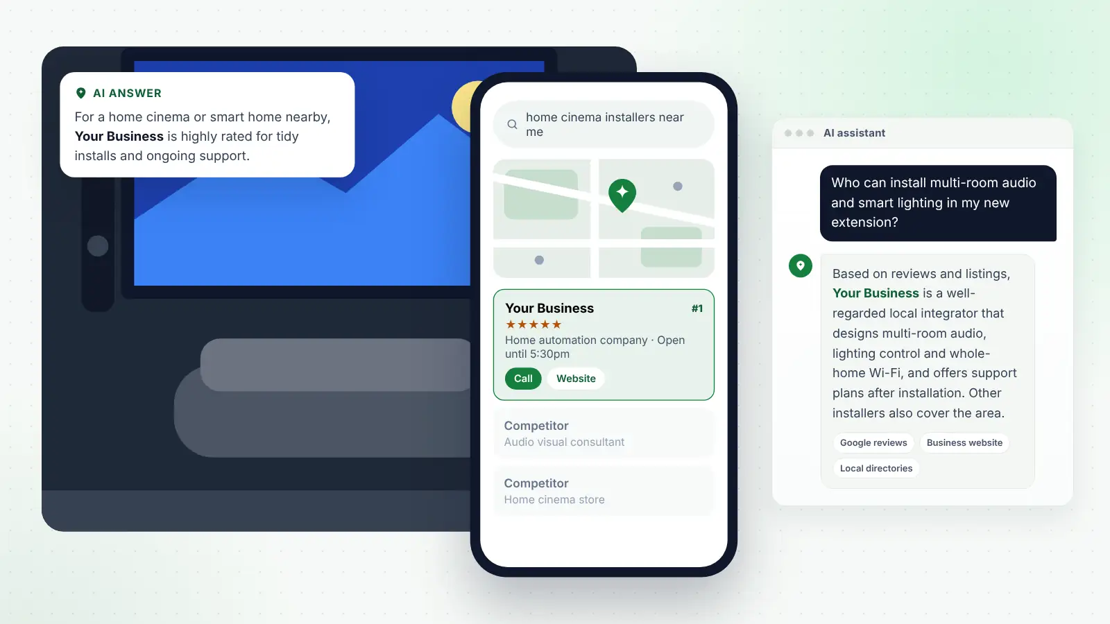 Illustration: Your Business ranked first on Google Maps for “home cinema installers near me” and recommended by an AI assistant