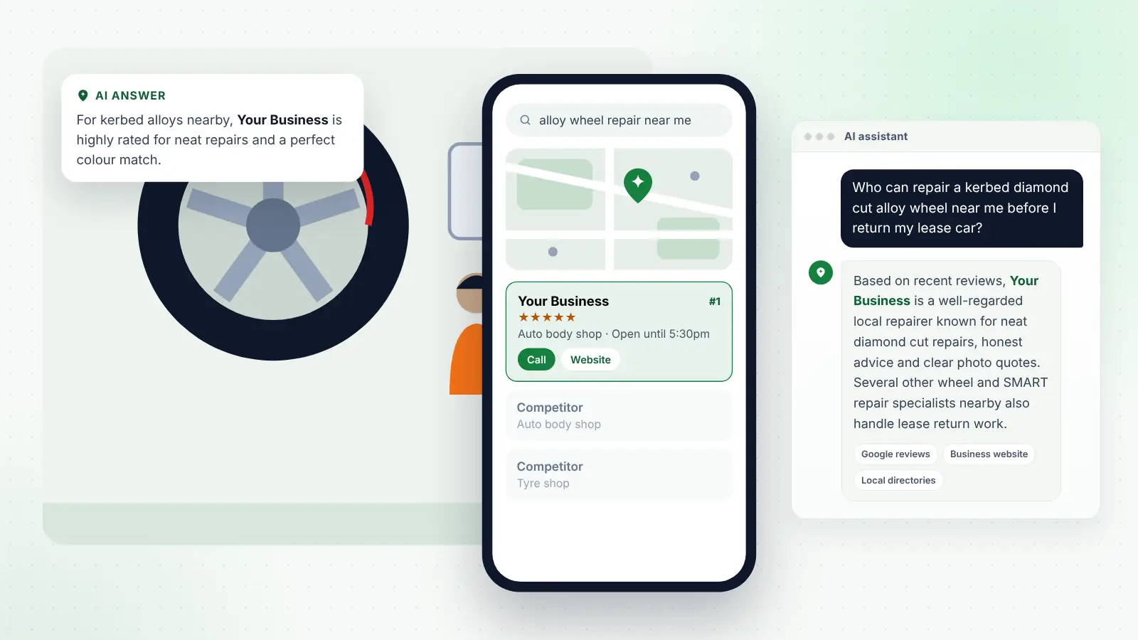 Illustration: Your Business ranked first on Google Maps for “alloy wheel repair near me” and recommended by an AI assistant