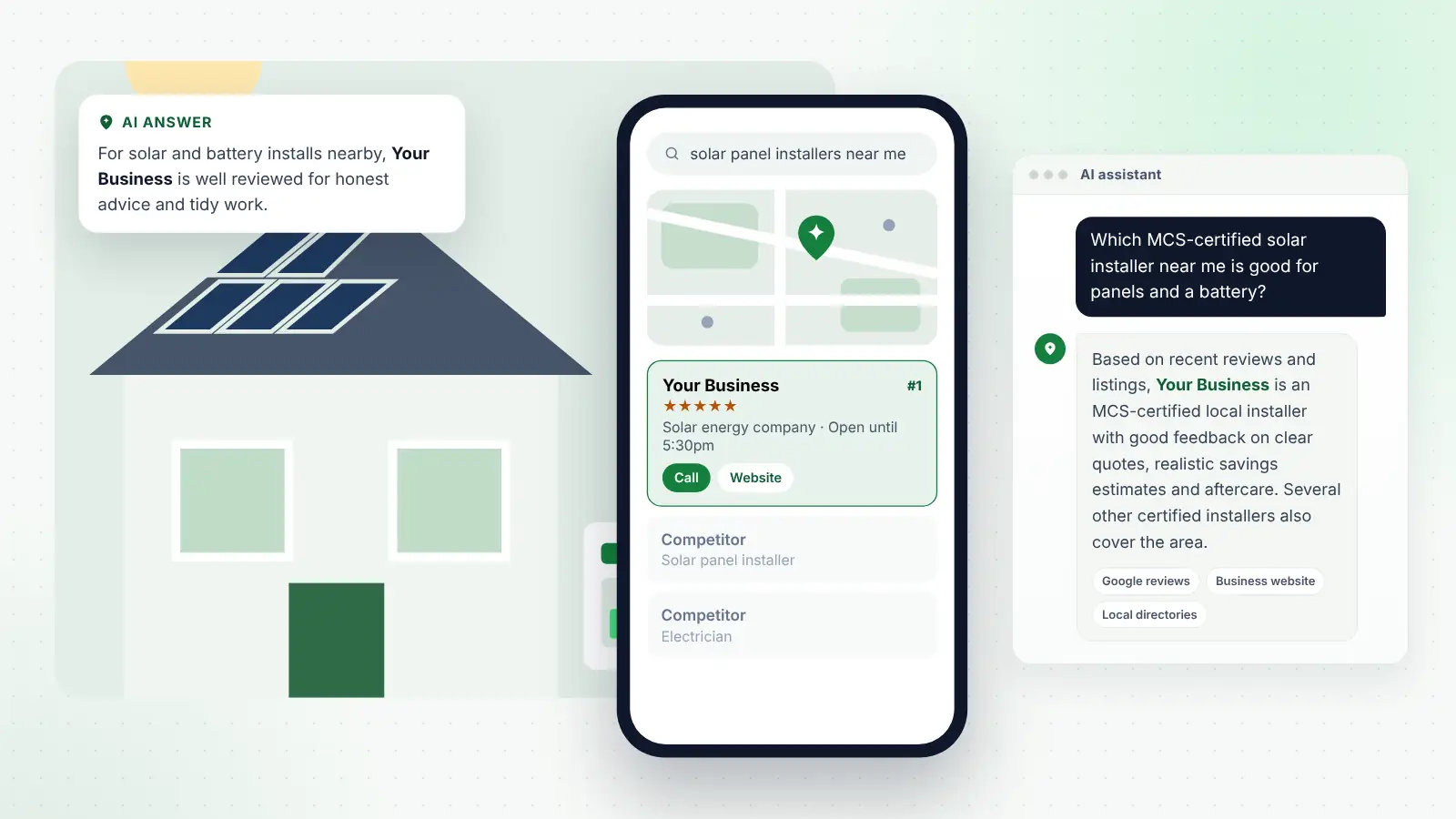 Illustration: Your Business ranked first on Google Maps for “solar panel installers near me” and recommended by an AI assistant