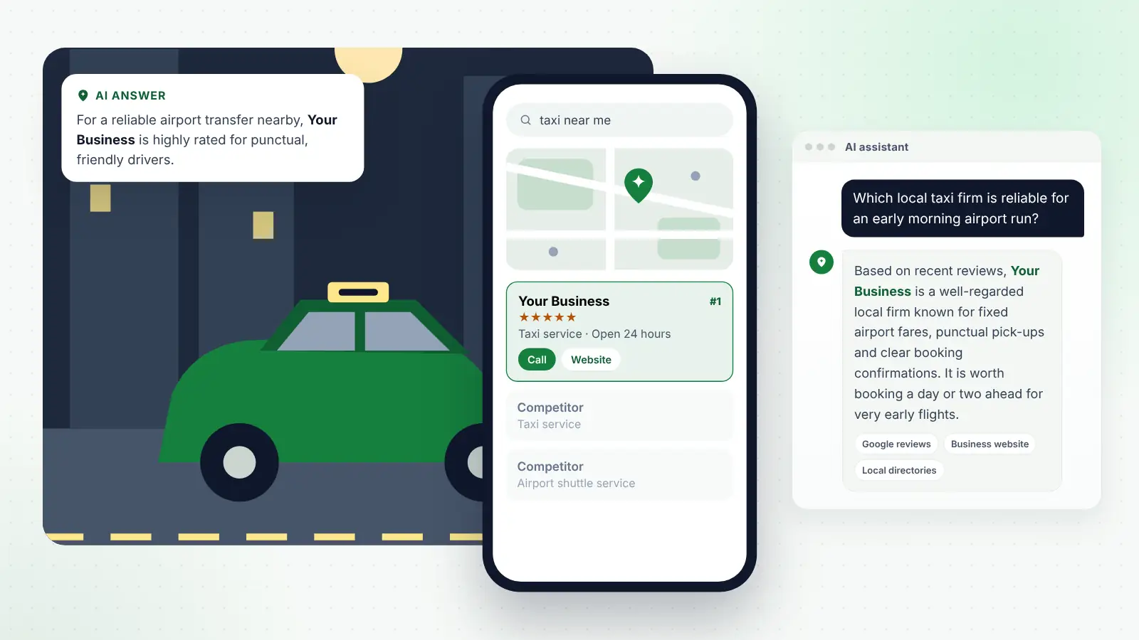 Illustration: Your Business ranked first on Google Maps for “taxi near me” and recommended by an AI assistant