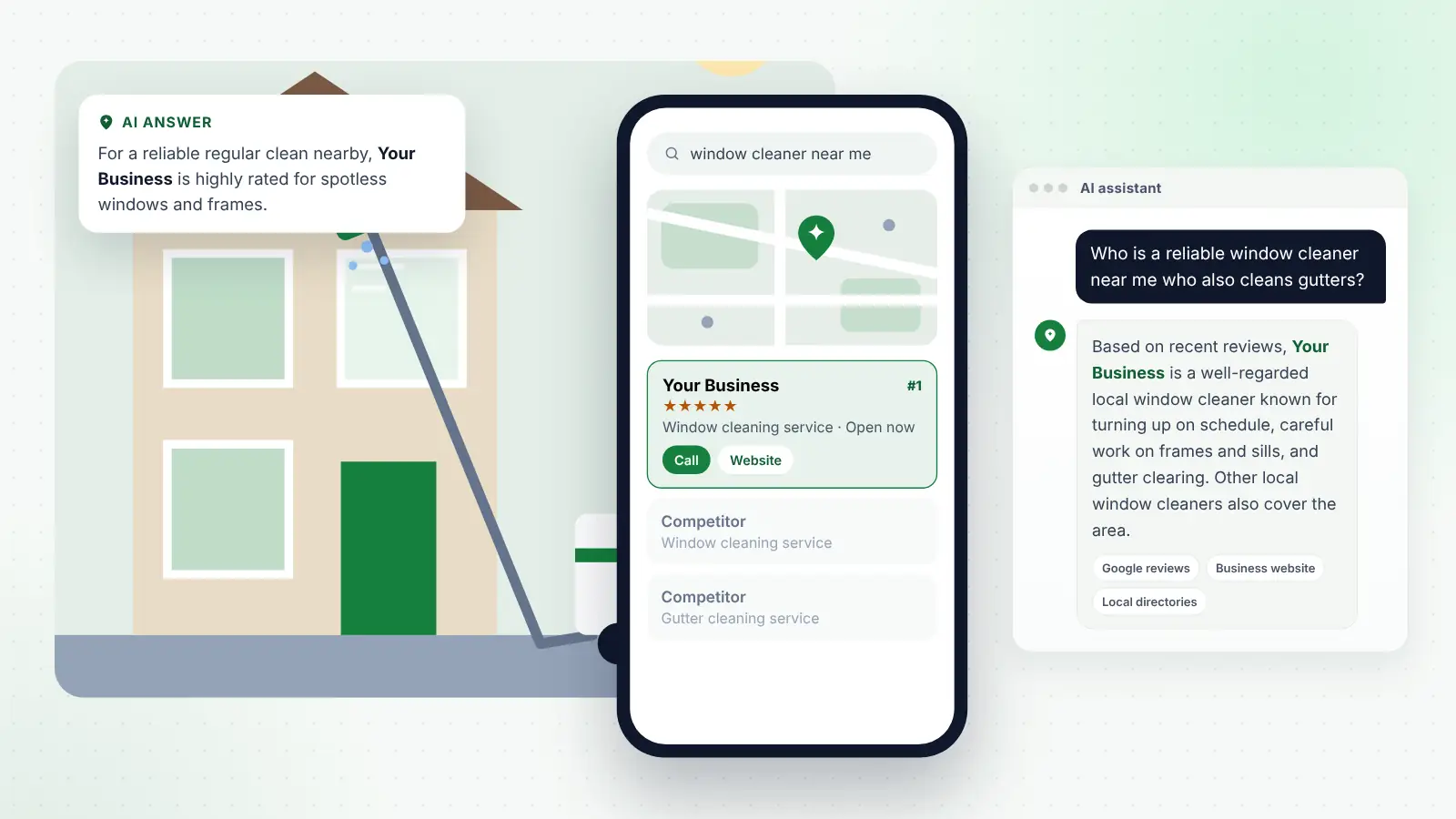 Illustration: Your Business ranked first on Google Maps for “window cleaner near me” and recommended by an AI assistant