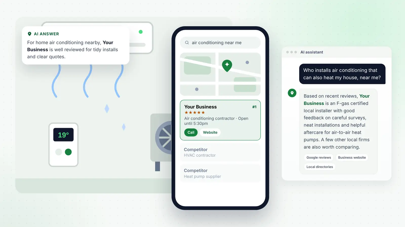 Illustration: Your Business ranked first on Google Maps for “air conditioning near me” and recommended by an AI assistant
