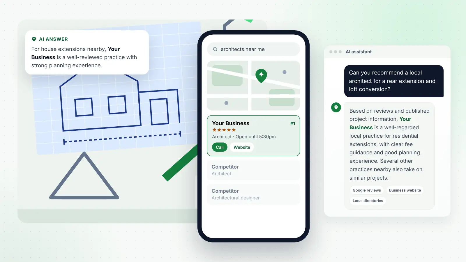 Illustration: Your Business ranked first on Google Maps for “architects near me” and recommended by an AI assistant