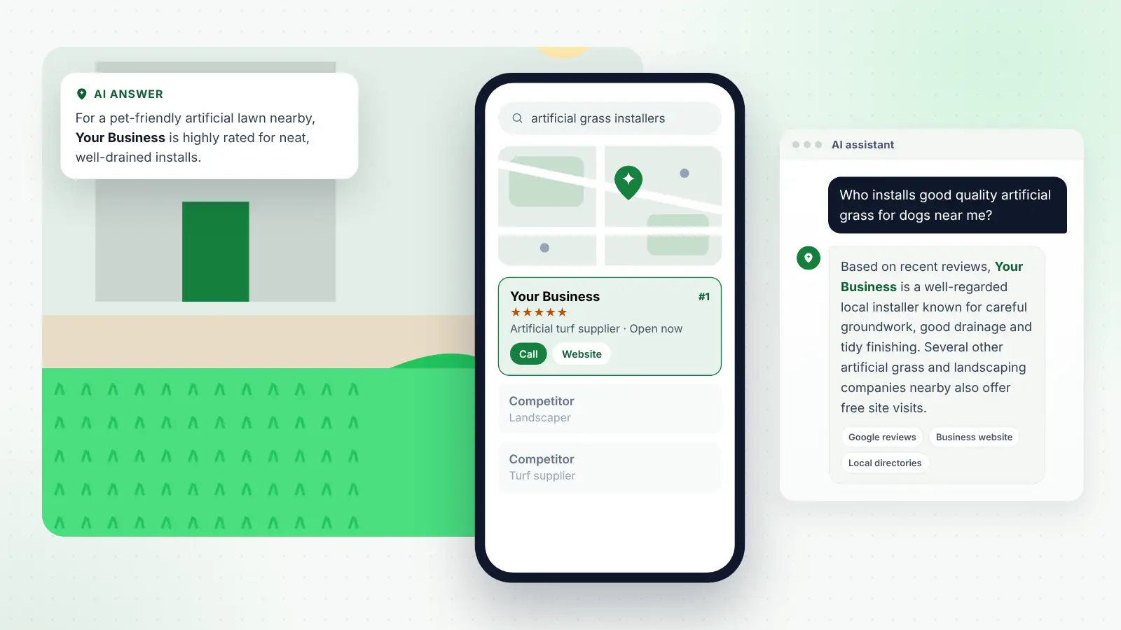 Illustration: Your Business ranked first on Google Maps for “artificial grass installers” and recommended by an AI assistant