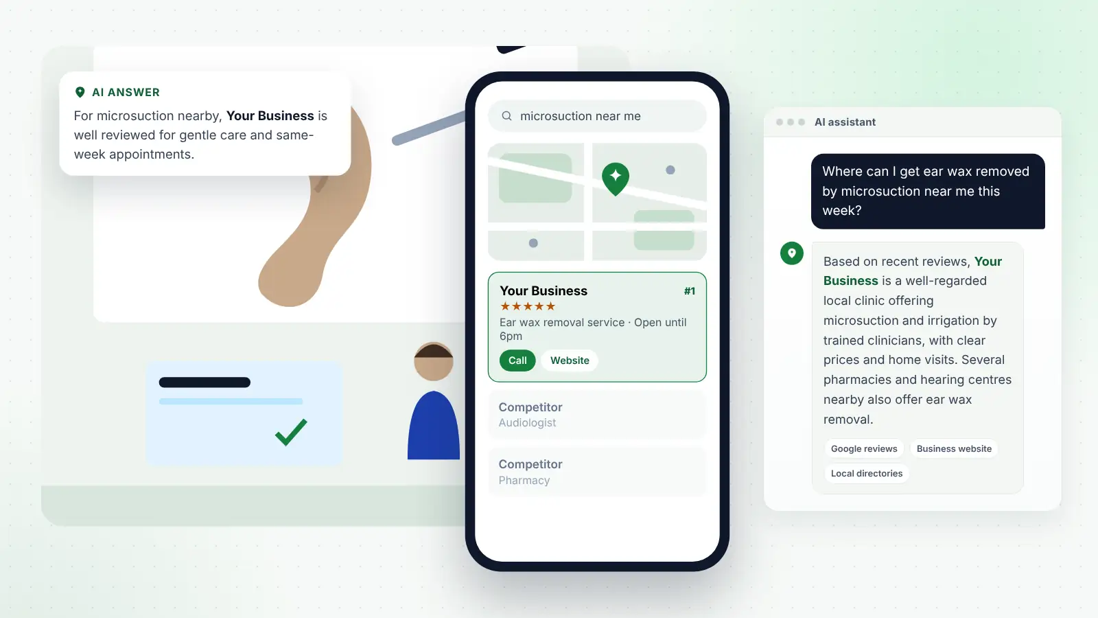Illustration: Your Business ranked first on Google Maps for “microsuction near me” and recommended by an AI assistant