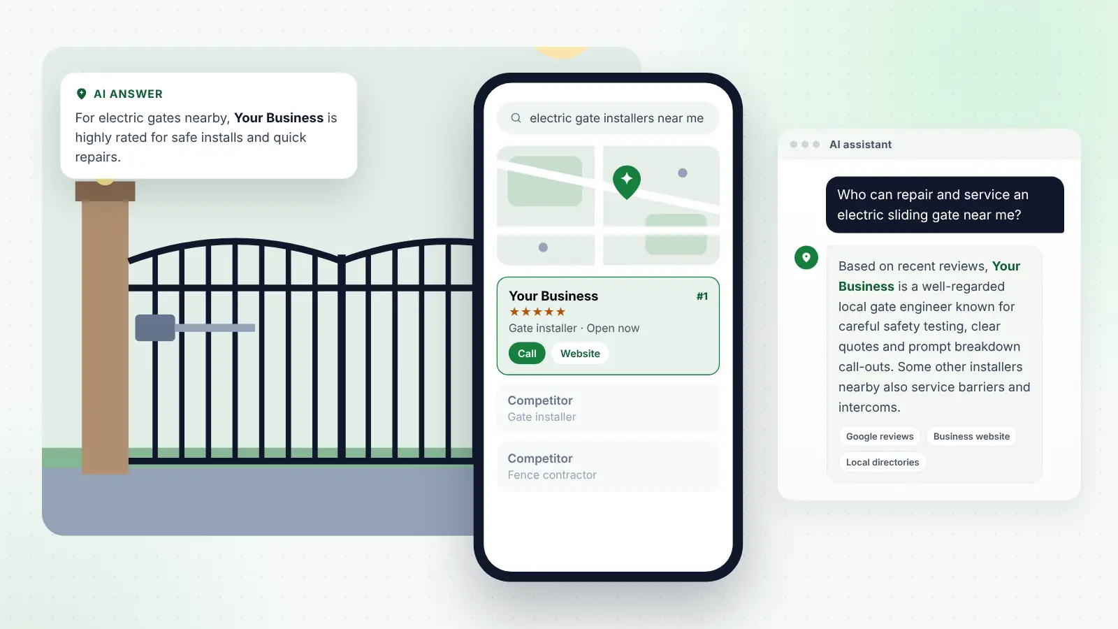 Illustration: Your Business ranked first on Google Maps for “electric gate installers near me” and recommended by an AI assistant
