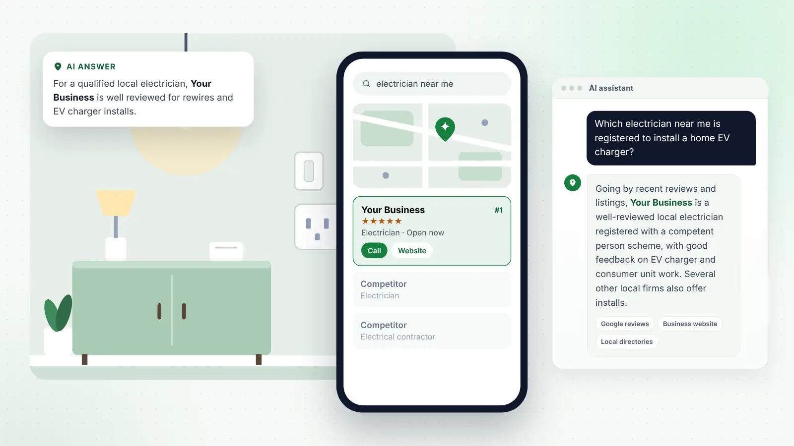 Illustration: Your Business ranked first on Google Maps for “electrician near me” and recommended by an AI assistant