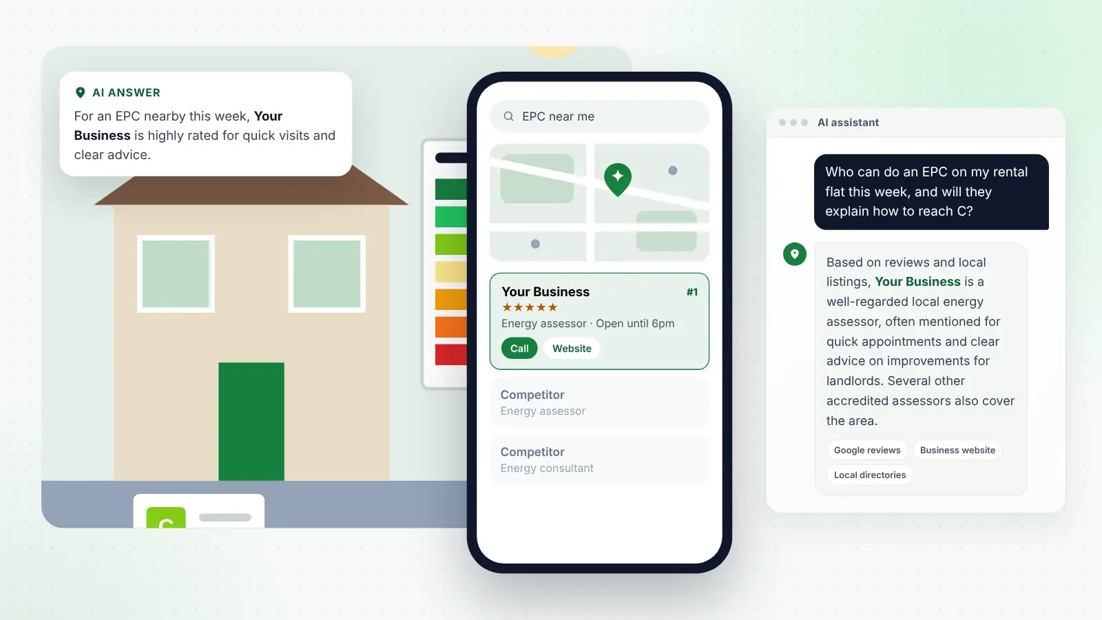Illustration: Your Business ranked first on Google Maps for “EPC near me” and recommended by an AI assistant