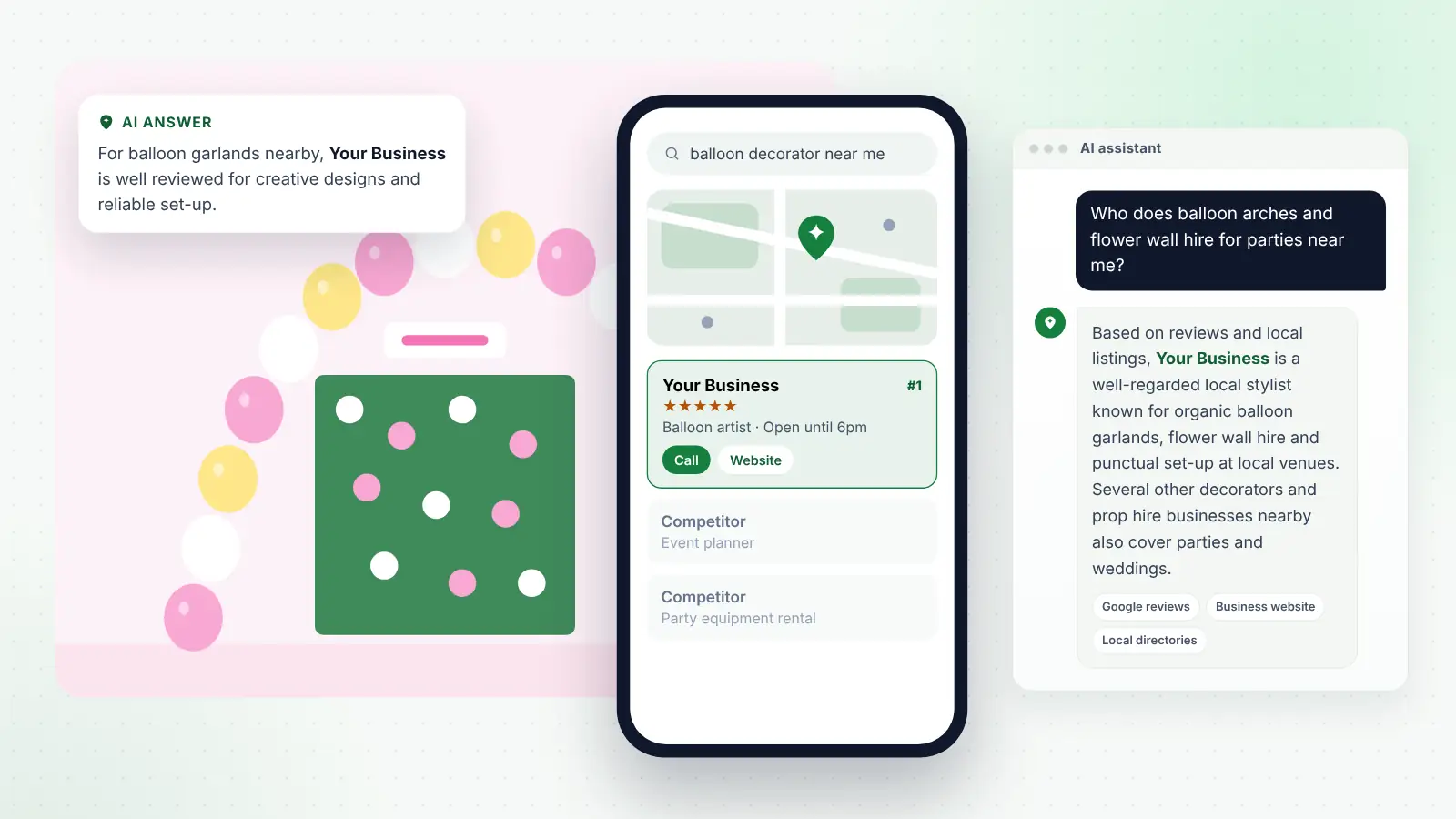 Illustration: Your Business ranked first on Google Maps for “balloon decorator near me” and recommended by an AI assistant