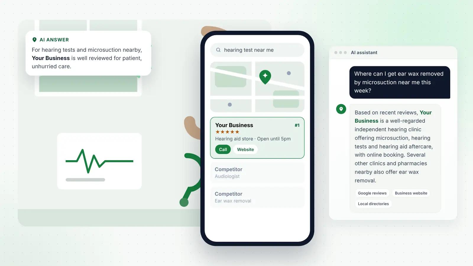 Illustration: Your Business ranked first on Google Maps for “hearing test near me” and recommended by an AI assistant