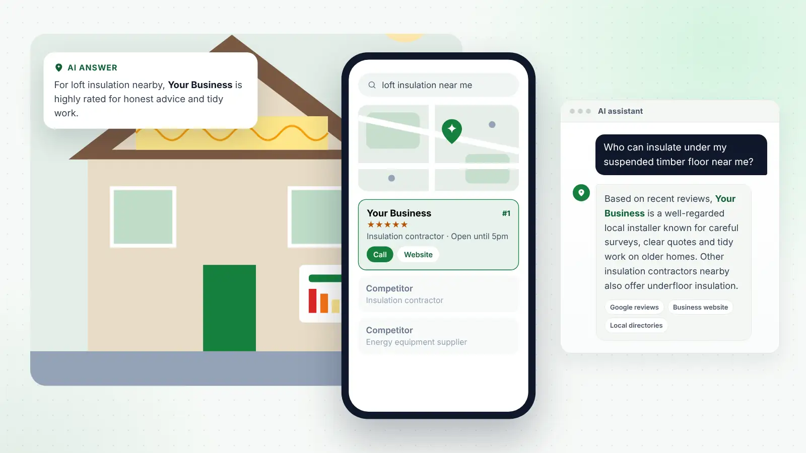 Illustration: Your Business ranked first on Google Maps for “loft insulation near me” and recommended by an AI assistant