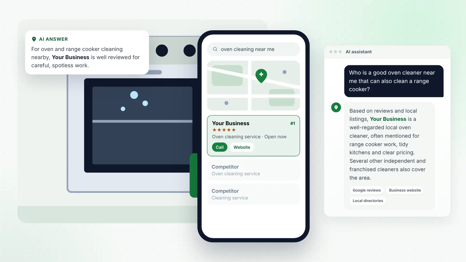 Illustration: Your Business ranked first on Google Maps for “oven cleaning near me” and recommended by an AI assistant