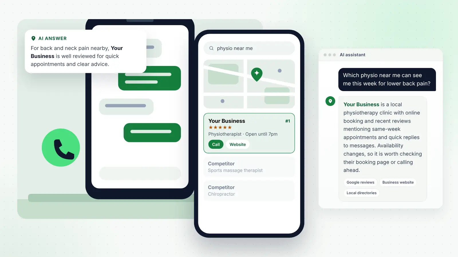 Illustration: Your Business ranked first on Google Maps for “physio near me” and recommended by an AI assistant