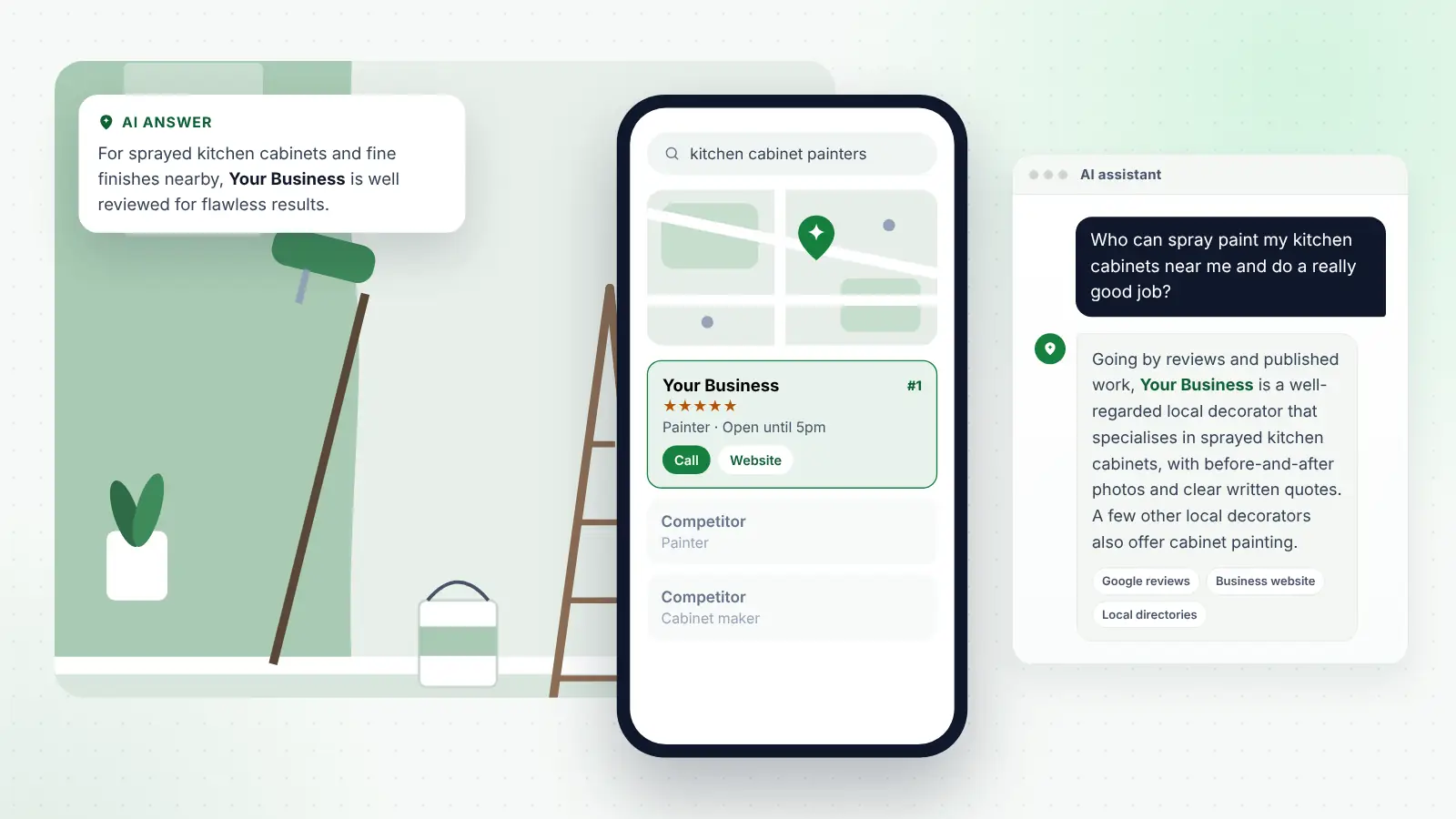 Illustration: Your Business ranked first on Google Maps for “kitchen cabinet painters” and recommended by an AI assistant