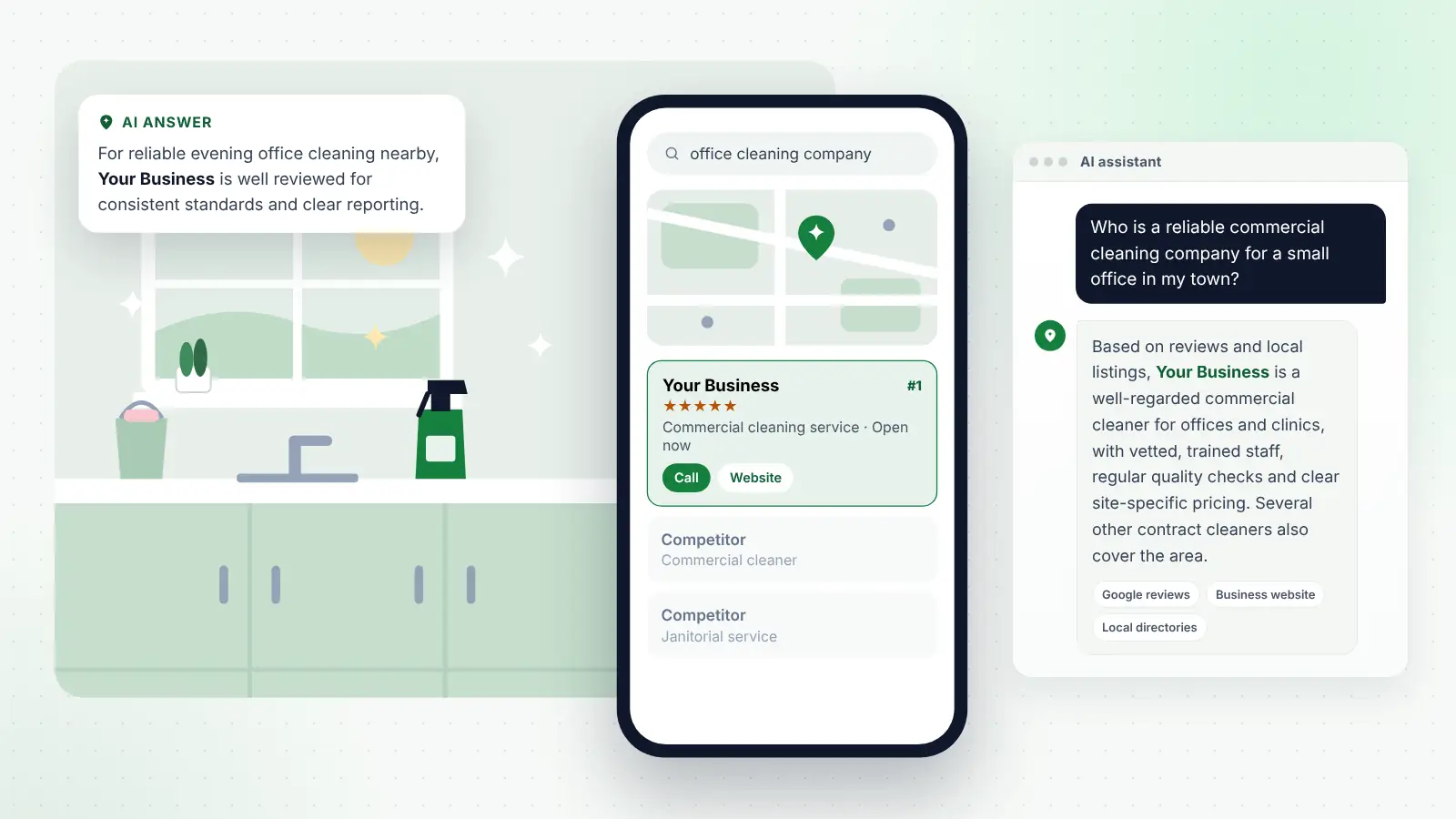 Illustration: Your Business ranked first on Google Maps for “office cleaning company” and recommended by an AI assistant