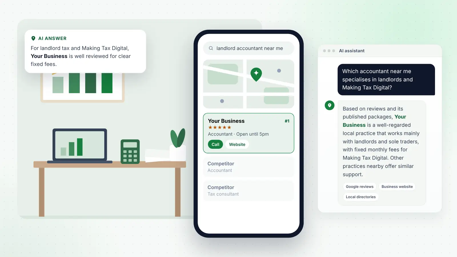 Illustration: Your Business ranked first on Google Maps for “landlord accountant near me” and recommended by an AI assistant