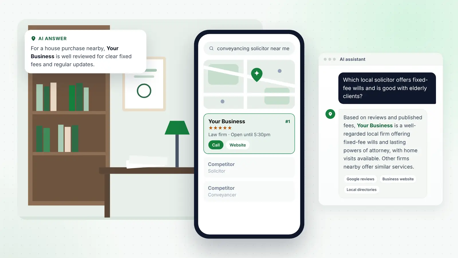 Illustration: Your Business ranked first on Google Maps for “conveyancing solicitor near me” and recommended by an AI assistant