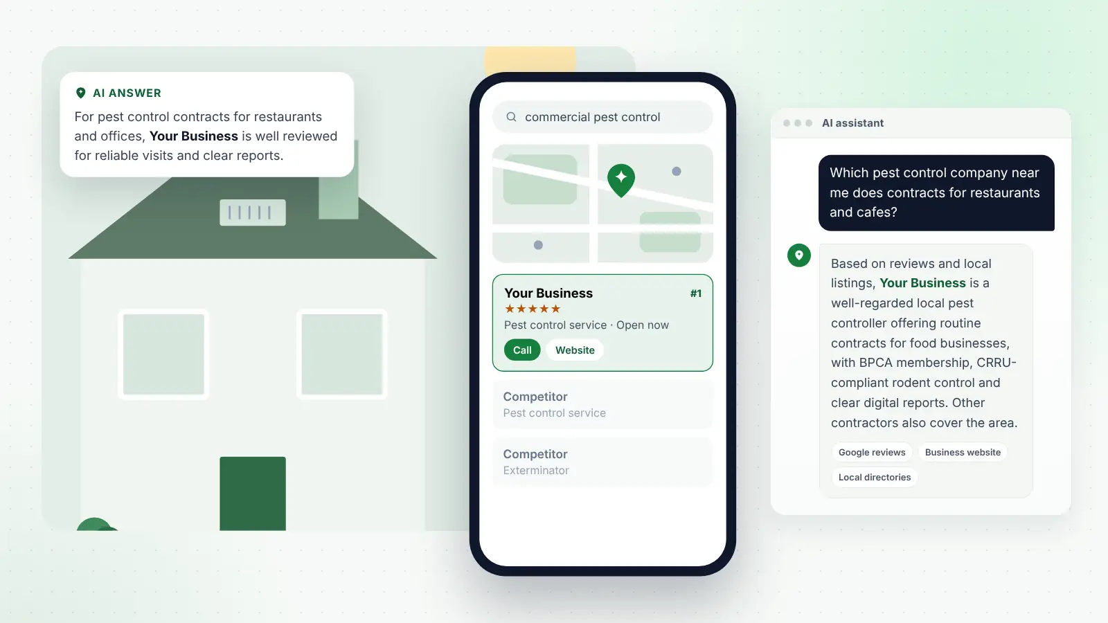 Illustration: Your Business ranked first on Google Maps for “commercial pest control” and recommended by an AI assistant