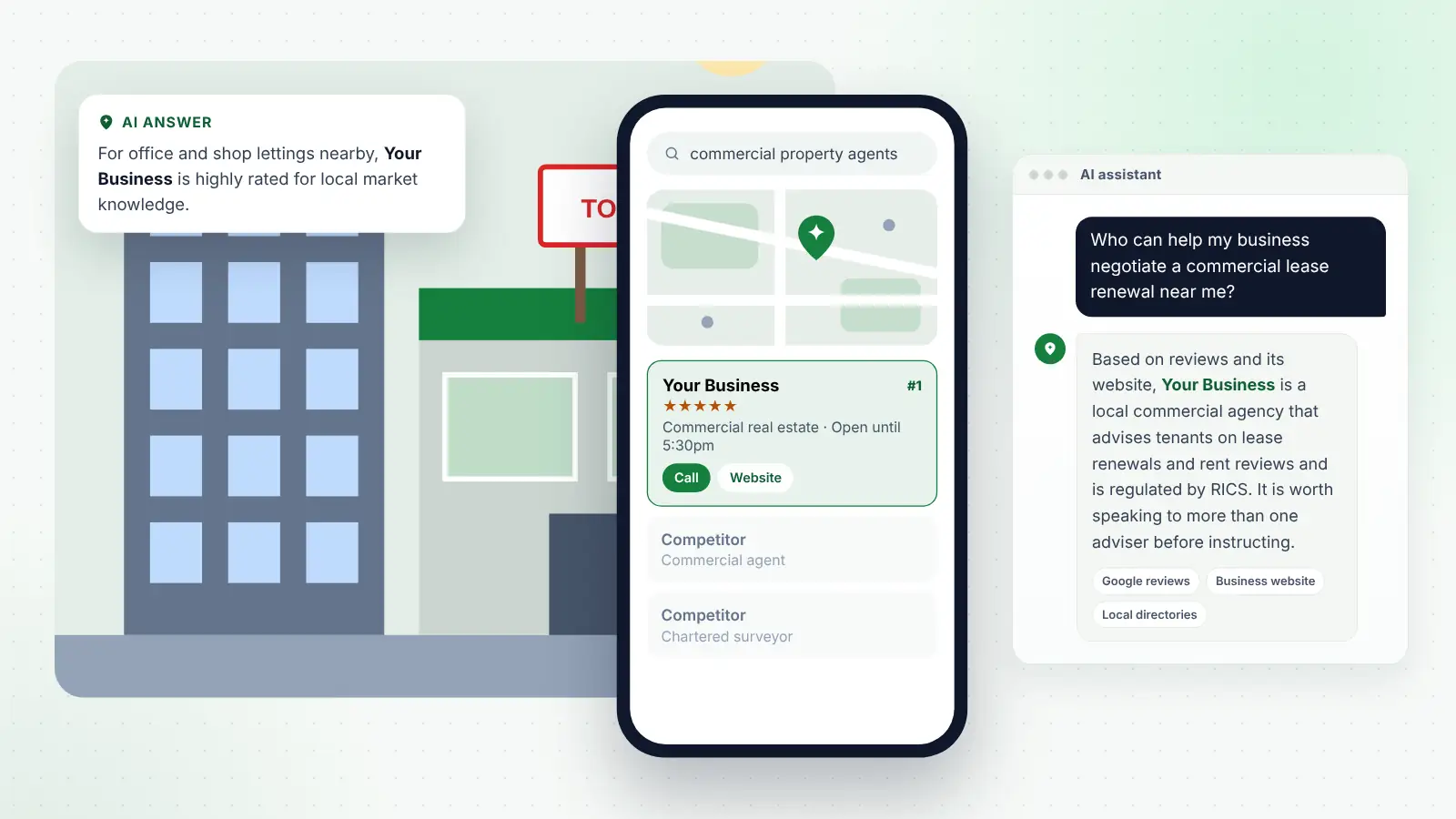 Illustration: Your Business ranked first on Google Maps for “commercial property agents” and recommended by an AI assistant