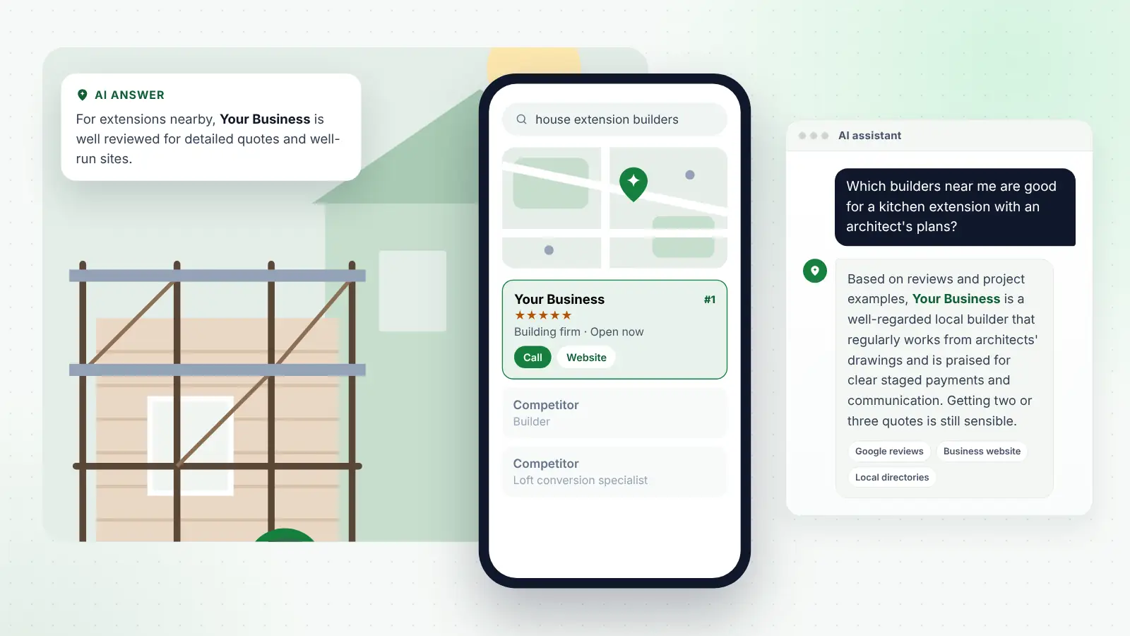 Illustration: Your Business ranked first on Google Maps for “house extension builders” and recommended by an AI assistant