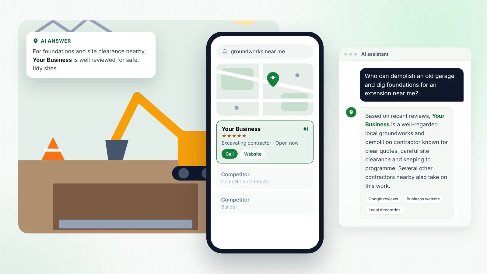 Illustration: Your Business ranked first on Google Maps for “groundworks near me” and recommended by an AI assistant