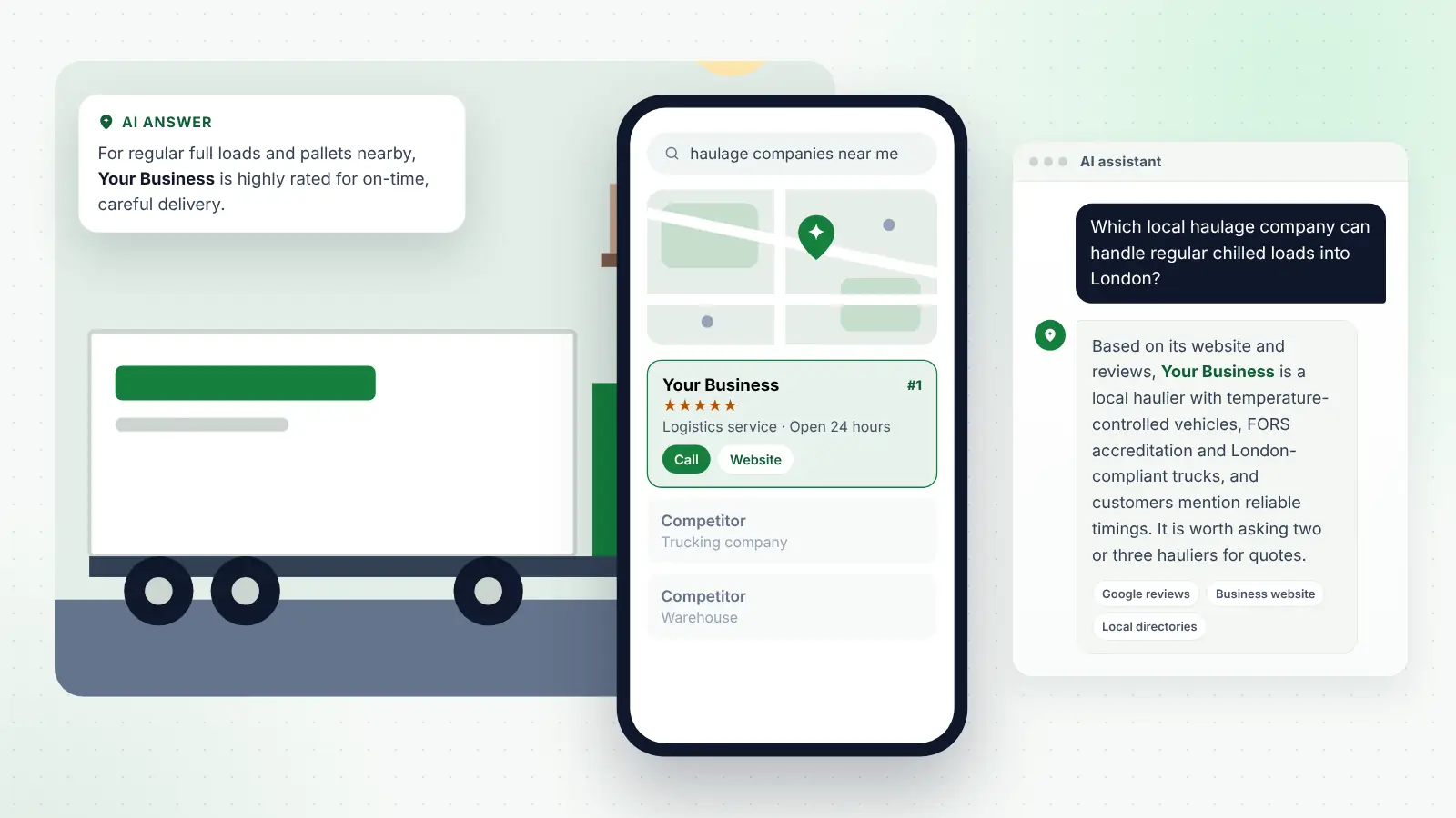 Illustration: Your Business ranked first on Google Maps for “haulage companies near me” and recommended by an AI assistant