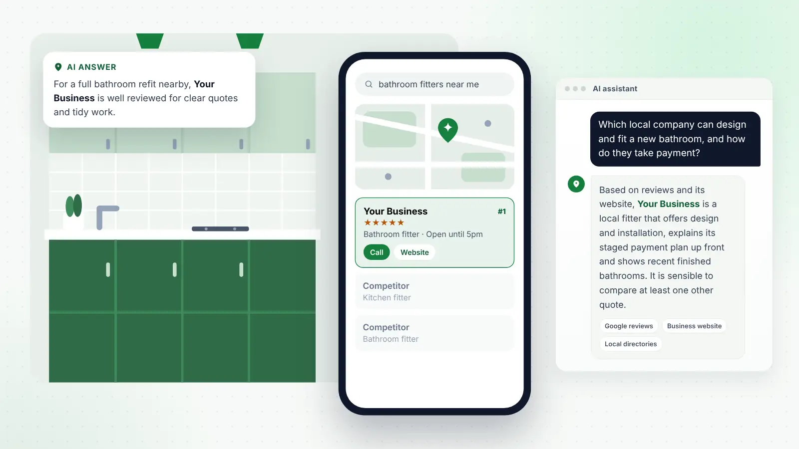 Illustration: Your Business ranked first on Google Maps for “bathroom fitters near me” and recommended by an AI assistant