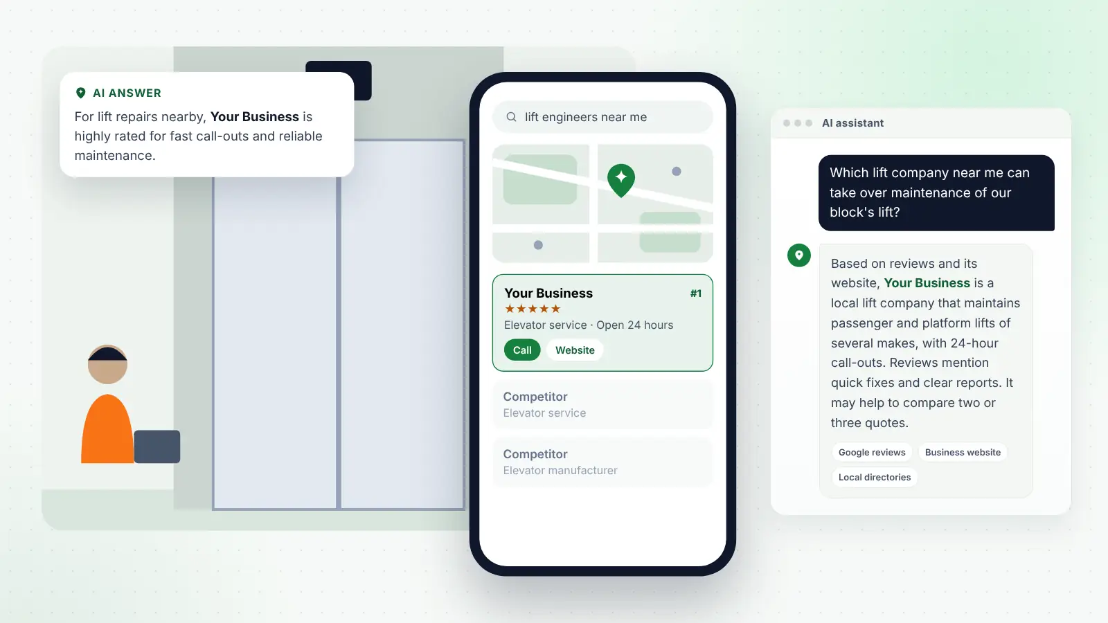 Illustration: Your Business ranked first on Google Maps for “lift engineers near me” and recommended by an AI assistant