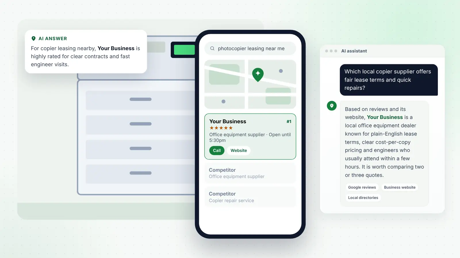 Illustration: Your Business ranked first on Google Maps for “photocopier leasing near me” and recommended by an AI assistant